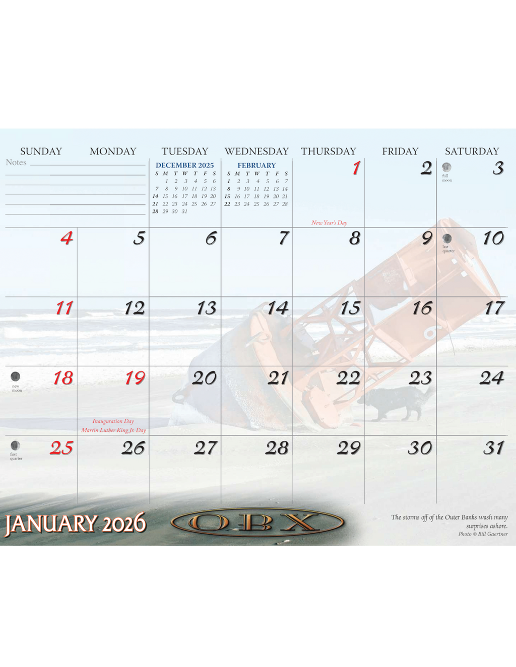 OBX 8x10 2026 Calendar