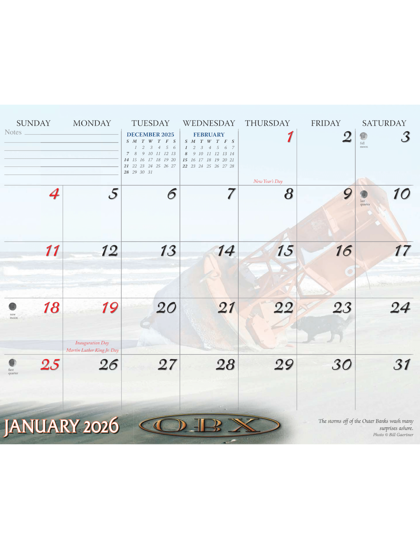OBX 8x10 2026 Calendar